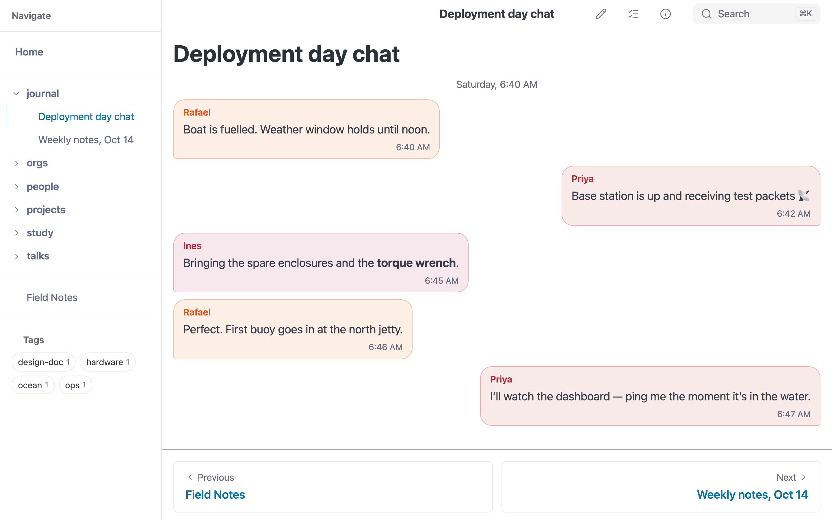 A chat transcript rendered as speech bubbles, each speaker in a different colour, one speaker aligned to the right