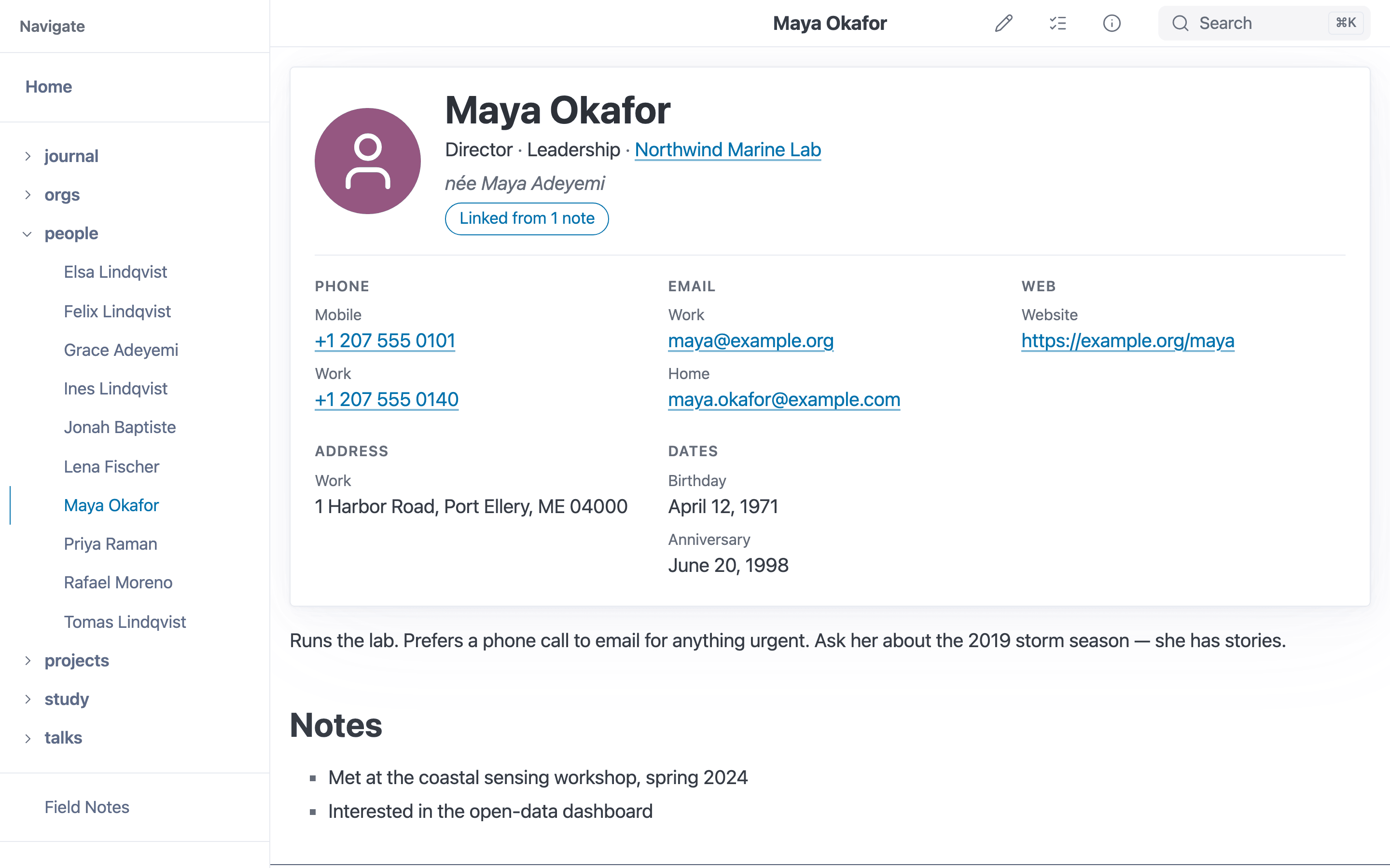 A contact card for a fictional person with avatar, job title and company link, phone numbers, email addresses, website, address and dates