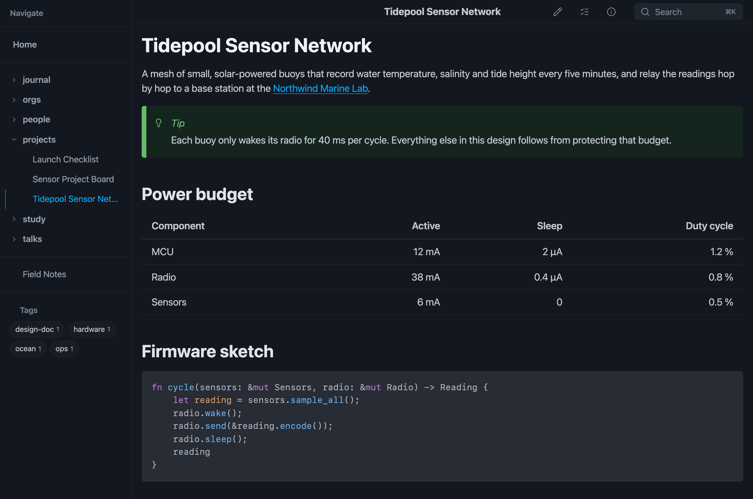 A note in dark mode showing a tip callout, a table and a syntax-highlighted Rust code block