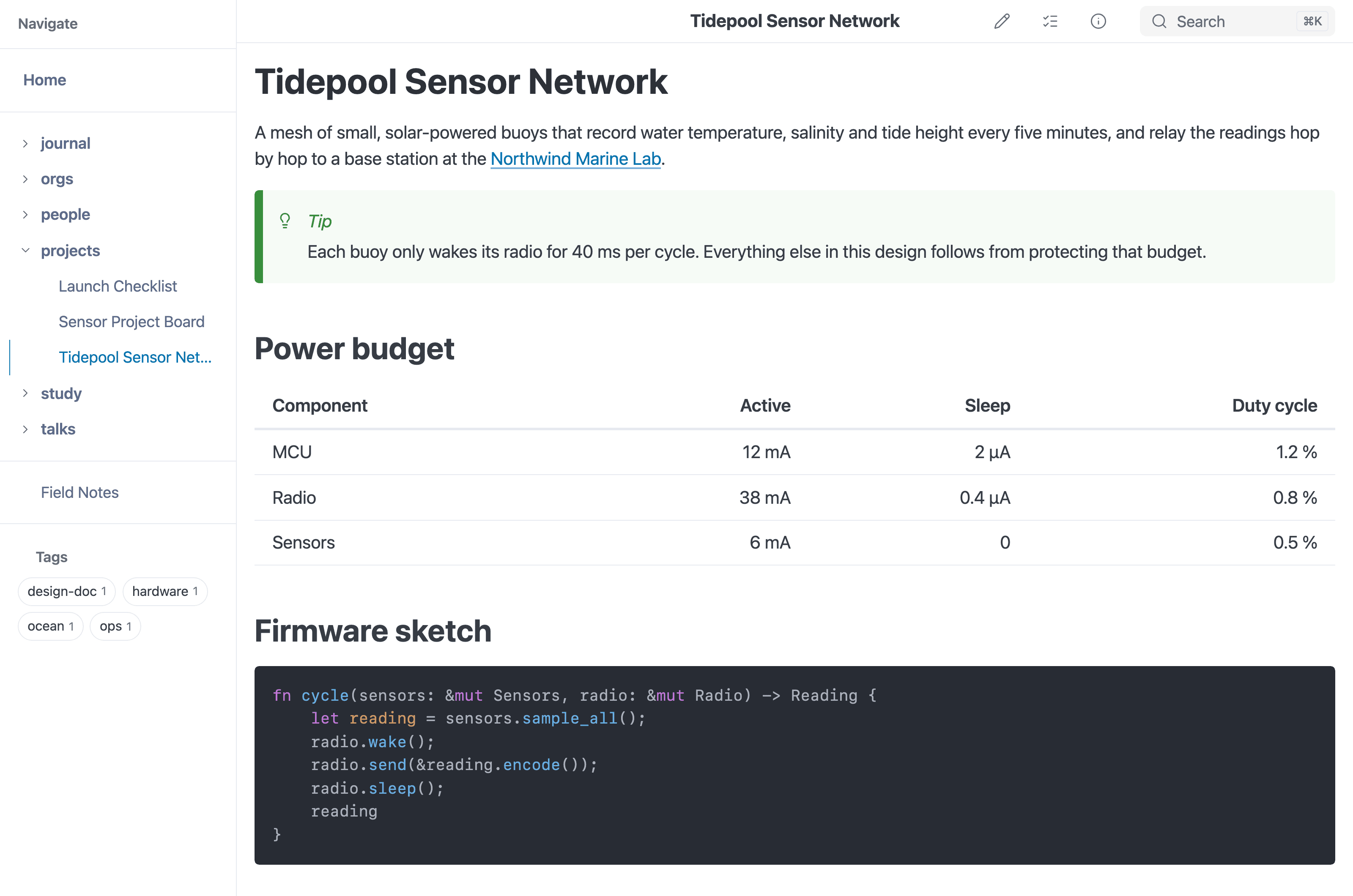 A design note rendered by mbr with the docked file sidebar, a tip callout, a table and a syntax-highlighted code block