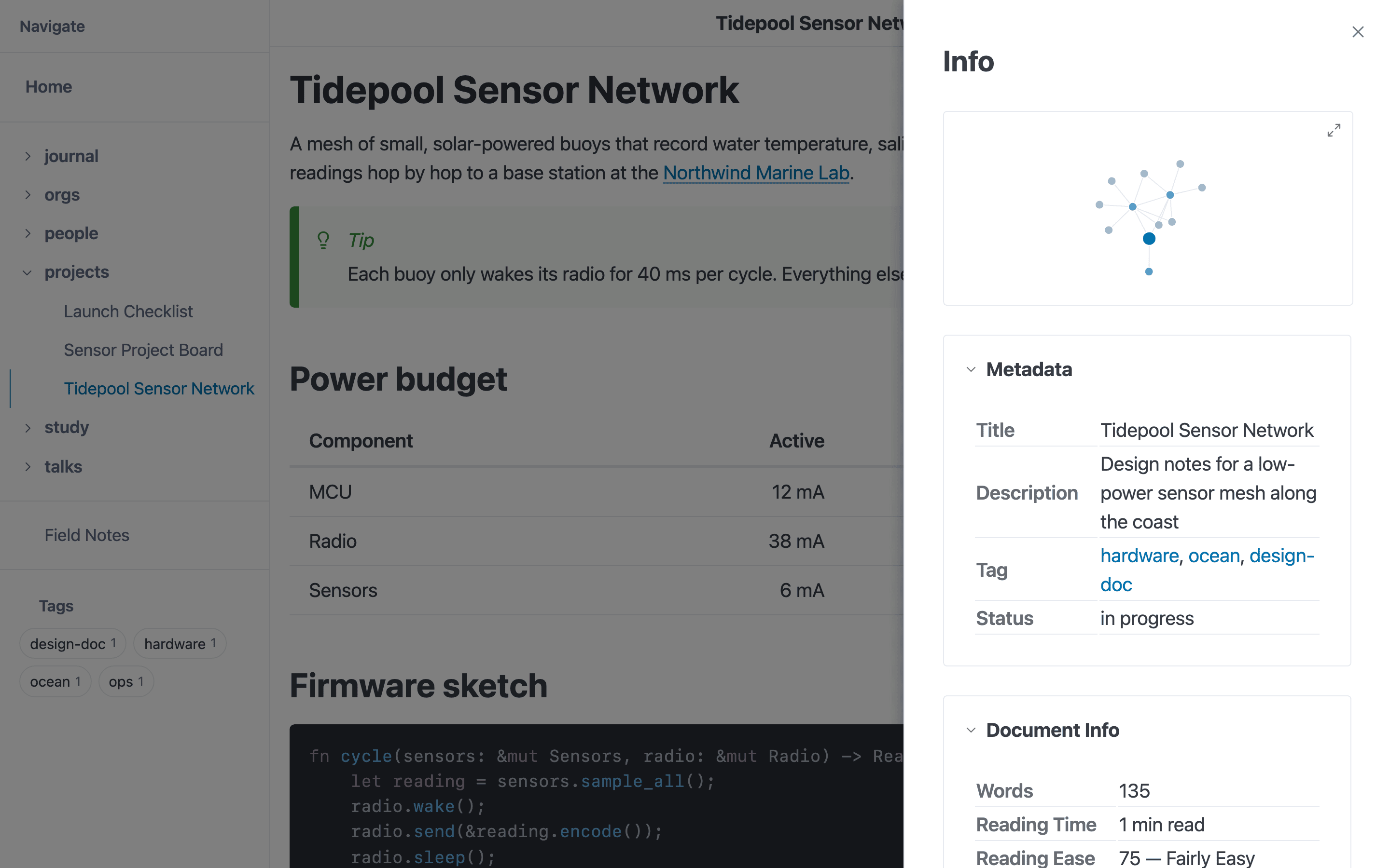 The info panel open beside a note, with the link graph at the top and the note’s metadata below