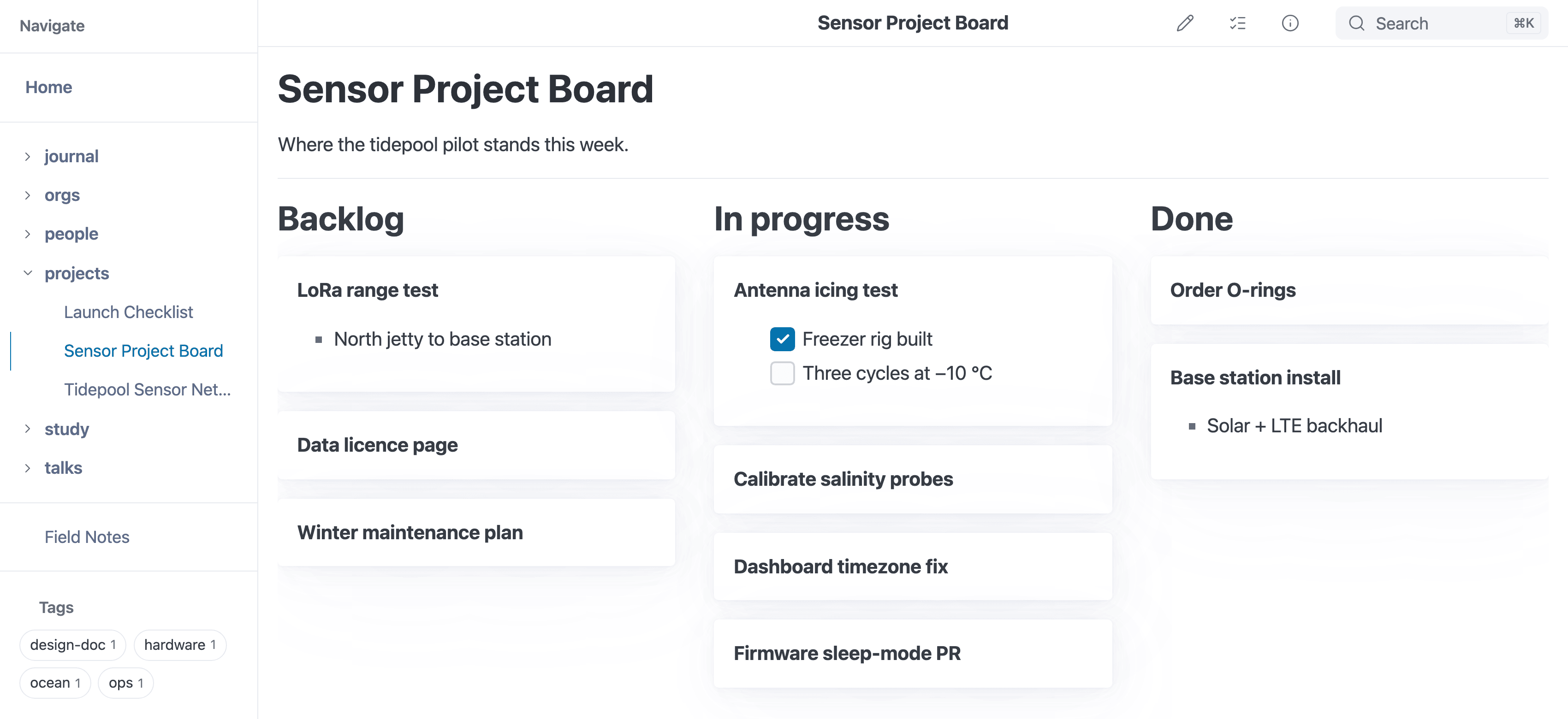 A kanban board with Backlog, In progress and Done columns of cards, one card holding a checklist