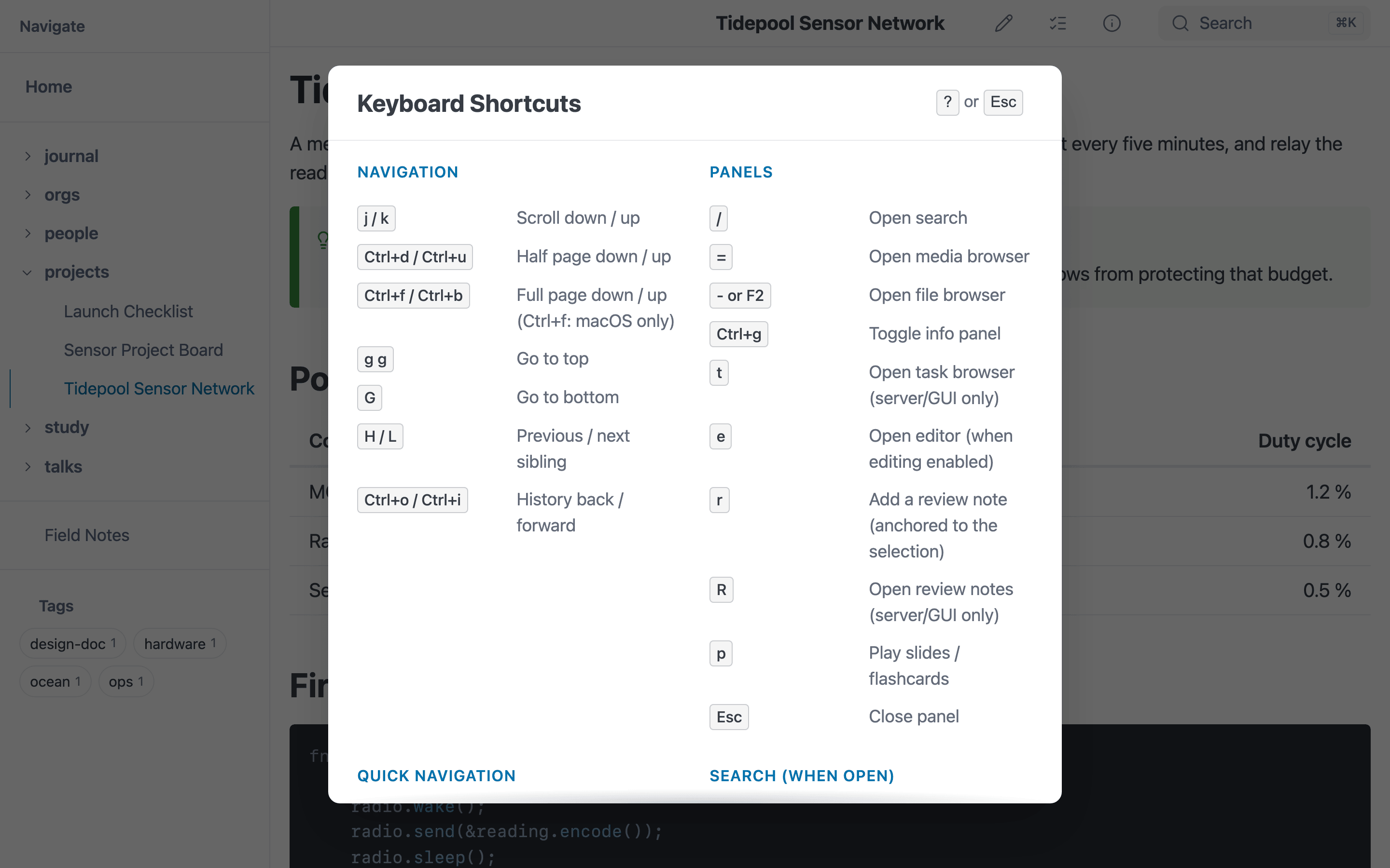 The keyboard shortcuts overlay listing navigation keys and panel keys in two columns