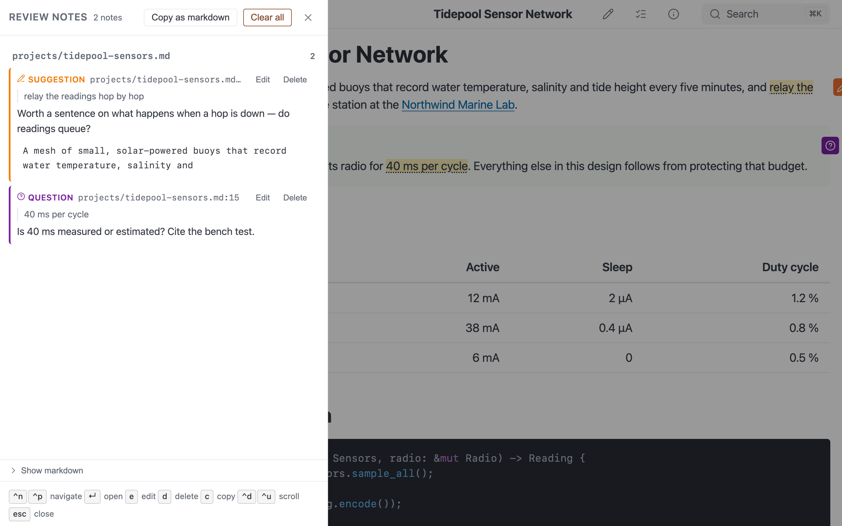The review notes panel listing a suggestion and a question, each with the quoted text and the comment, beside the highlighted page