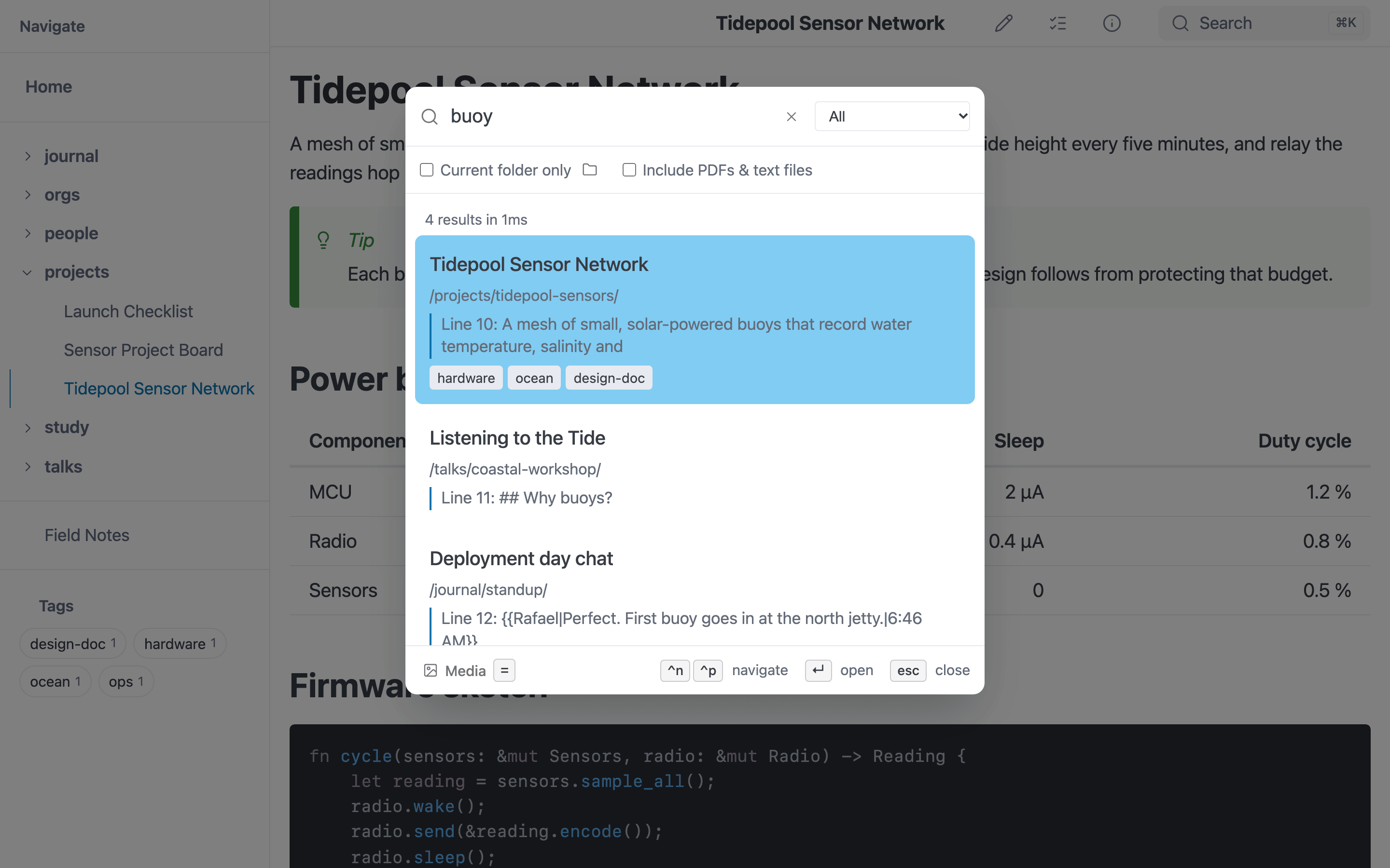 The search modal open over a note, showing three results for “buoy” with matching lines