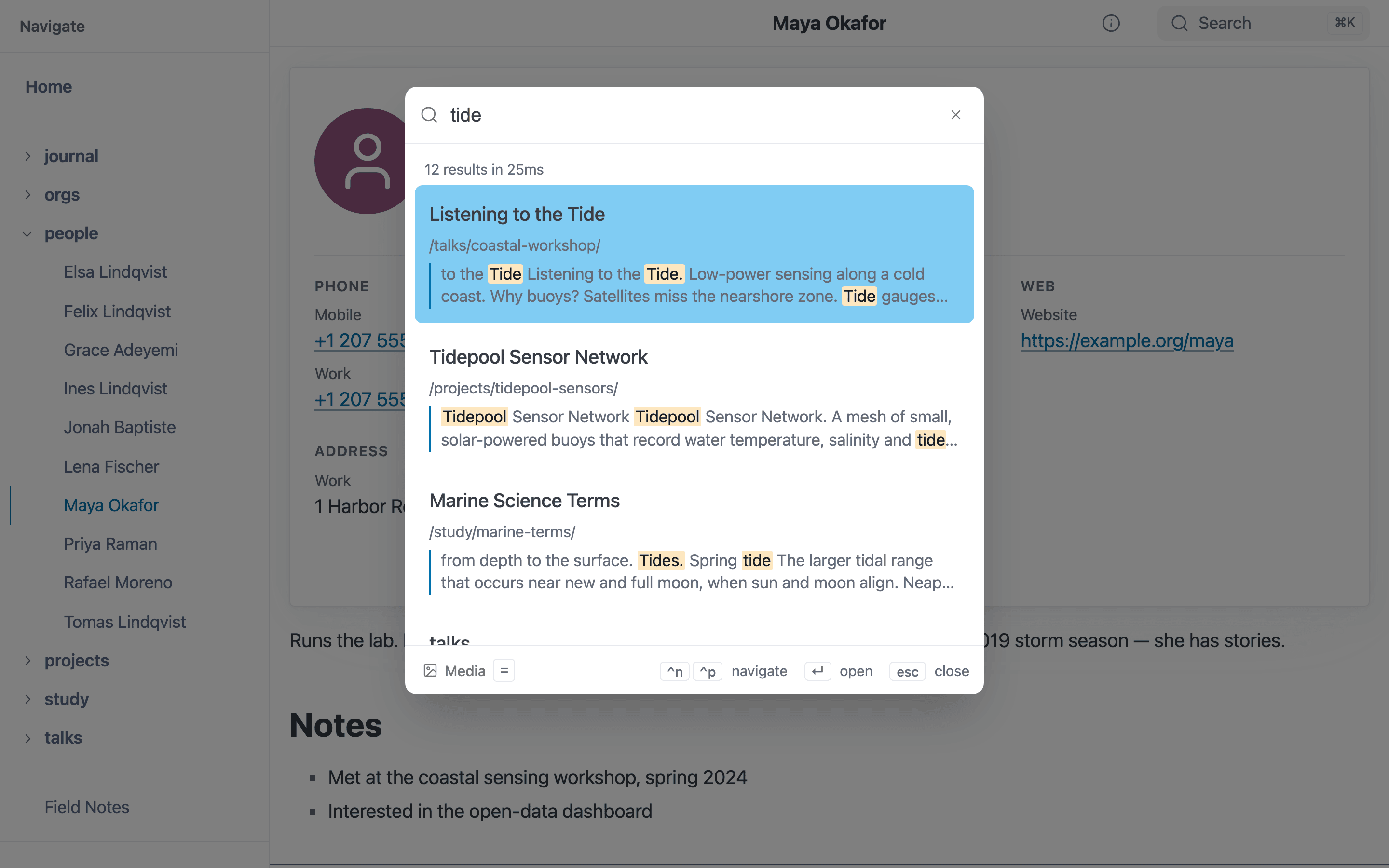 Full-text search results with highlighted matches on a statically built site