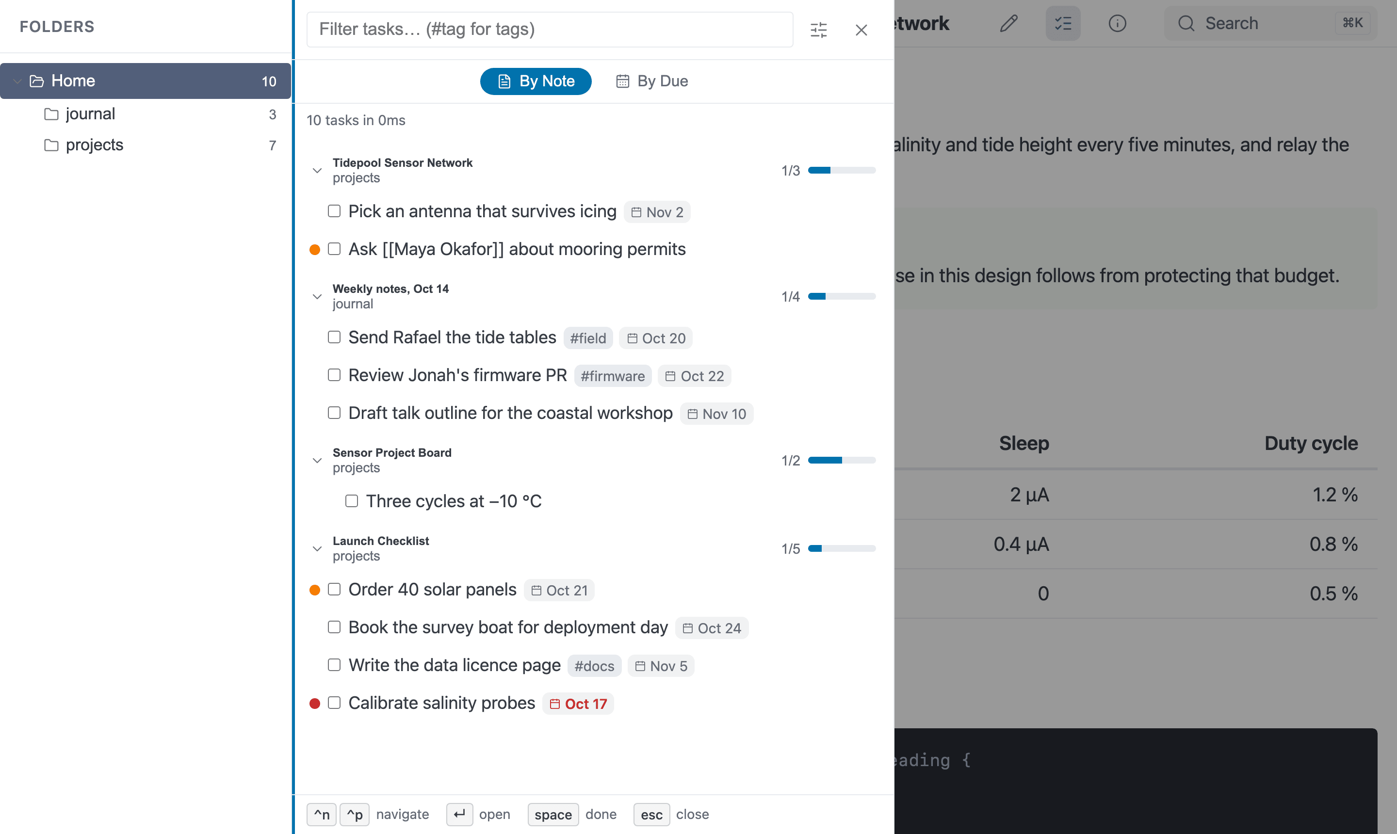 The task browser with a folder tree on the left and open tasks grouped by note, with due dates, tags and priority dots